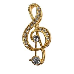Gold-Tone Treble Clef Pin Brooch With Clear Rhinestones